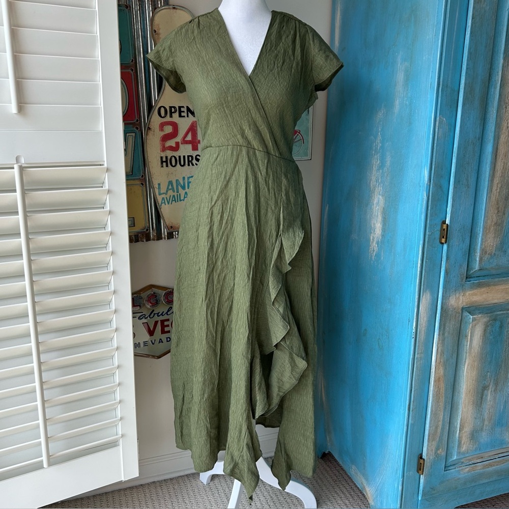 GB Olive Green Textured Ruffle Front Midi Dress Garden Party Wedding Guest
